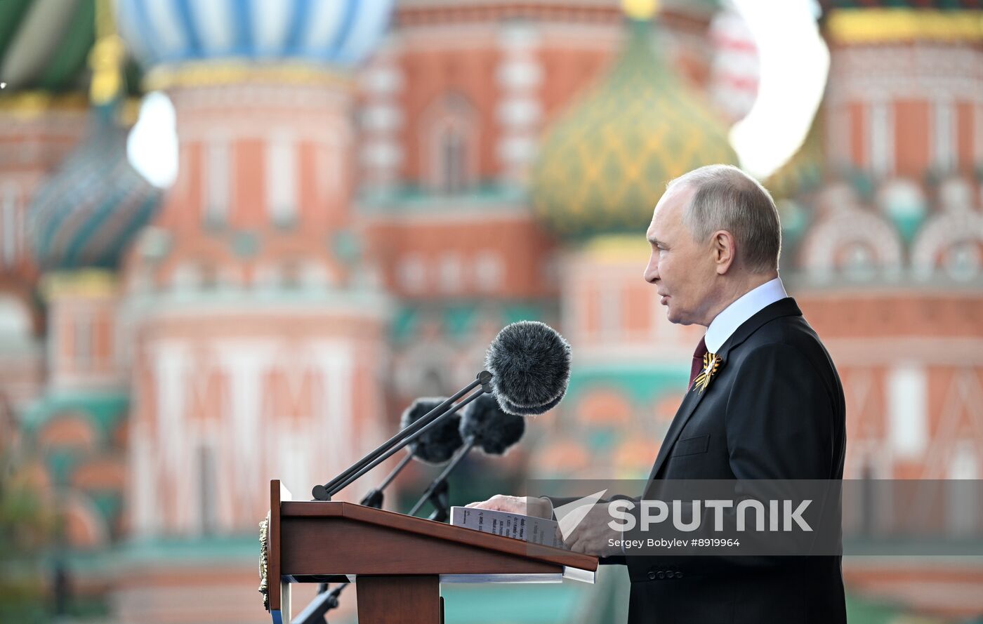 President of Russia Vladimir Putin and foreign leaders at military parade marking 80th anniversary of Victory