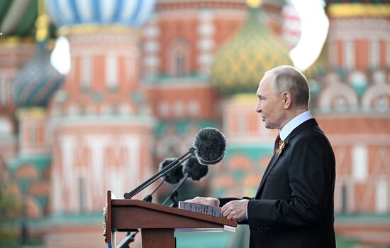 President of Russia Vladimir Putin on Red Square in Moscow, where a military parade marking the 80th anniversary of Victory is taking place. Russia marks the 80th anniversary of Victory in the Great Patriotic War of 1941-1945. Location: Russia, Moscow. Author: Sergey Bobylev/Sputnik. President of Russia Vladimir Putin and foreign leaders at military parade marking 80th anniversary of Victory
