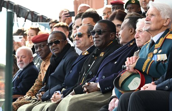From left: Brazilian President Luiz Inacio Lula da Silva, Burkina Faso President Ibrahim Traore, Guinea-Bissau President Umaro Sissoco Embalo, Egyptian President Abdel Fattah el-Sisi, Zimbabwean President Emmerson Mnangagwa and President of the Republic of the Congo Denis Sassou Nguesso on Red Square in Moscow at the military parade to mark the 80th anniversary of Victory. On May 9, Russia celebrates the 80th anniversary of Victory in the Great Patriotic War of 1941-1945. Location: Russia, Moscow. President of Russia Vladimir Putin and foreign leaders at military parade marking 80th anniversary of Victory