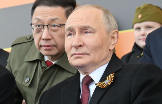 President of Russia Vladimir Putin on Red Square in Moscow, where a military parade marking the 80th anniversary of Victory is taking place. Russia marks the 80th anniversary of Victory in the Great Patriotic War of 1941-1945. Location: Russia, Moscow. President of Russia Vladimir Putin and foreign leaders at military parade marking 80th anniversary of Victory
