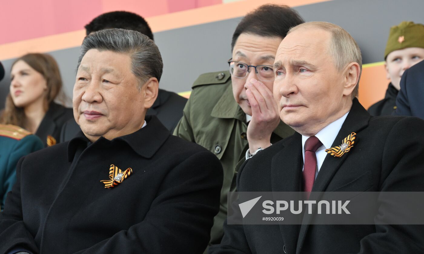 President of Russia Vladimir Putin and foreign leaders at military parade marking 80th anniversary of Victory