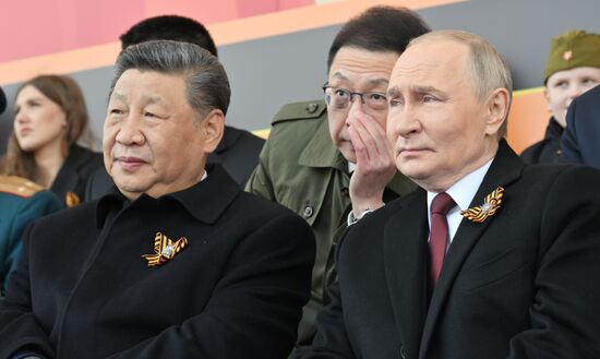 President of Russia Vladimir Putin and foreign leaders at military parade marking 80th anniversary of Victory