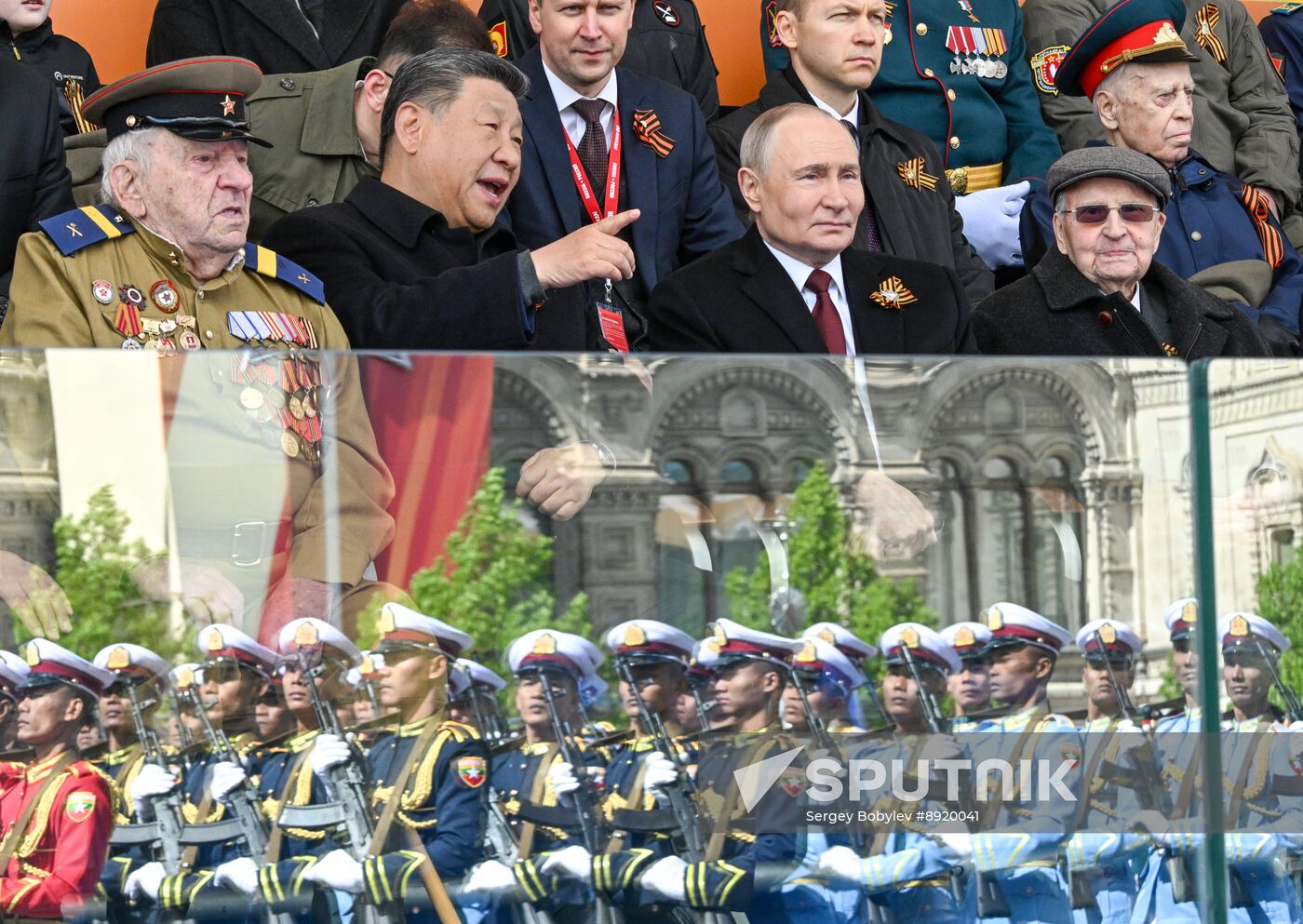 President of Russia Vladimir Putin and foreign leaders at military parade marking 80th anniversary of Victory