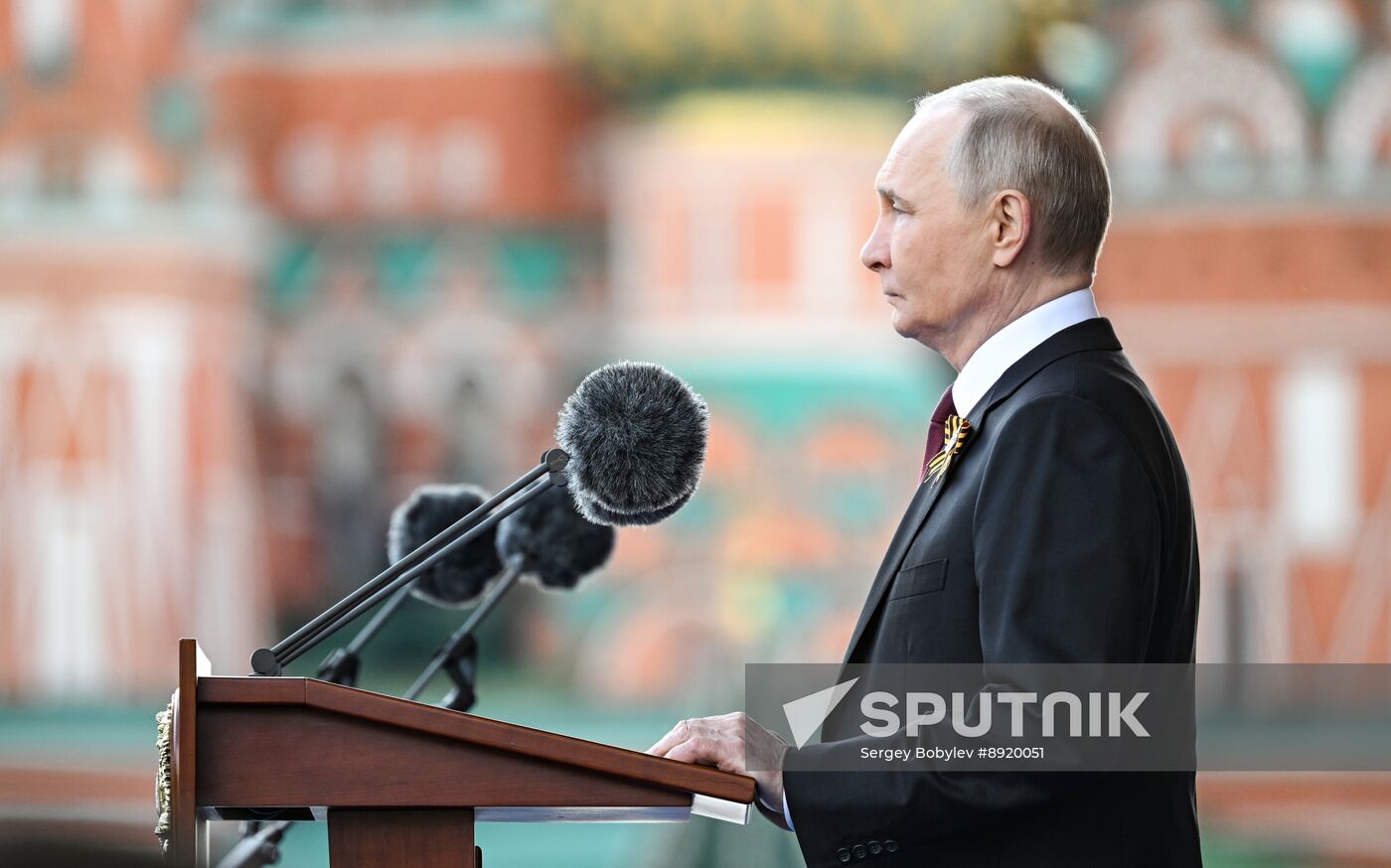 President of Russia Vladimir Putin and foreign leaders at military parade marking 80th anniversary of Victory