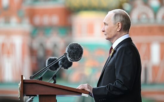President of Russia Vladimir Putin on Red Square in Moscow, where a military parade marking the 80th anniversary of Victory is taking place. Russia marks the 80th anniversary of Victory in the Great Patriotic War of 1941-1945. Location: Russia, Moscow. Author: Sergey Bobylev/Sputnik. President of Russia Vladimir Putin and foreign leaders at military parade marking 80th anniversary of Victory