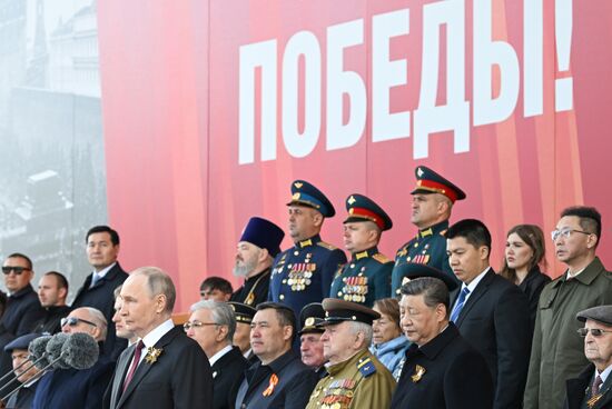 President of Russia Vladimir Putin on Red Square in Moscow, where a military parade marking the 80th anniversary of Victory is taking place. Russia marks the 80th anniversary of Victory in the Great Patriotic War of 1941-1945. Location: Russia, Moscow. Author: Sergey Bobylev/Sputnik. President of Russia Vladimir Putin and foreign leaders at military parade marking 80th anniversary of Victory