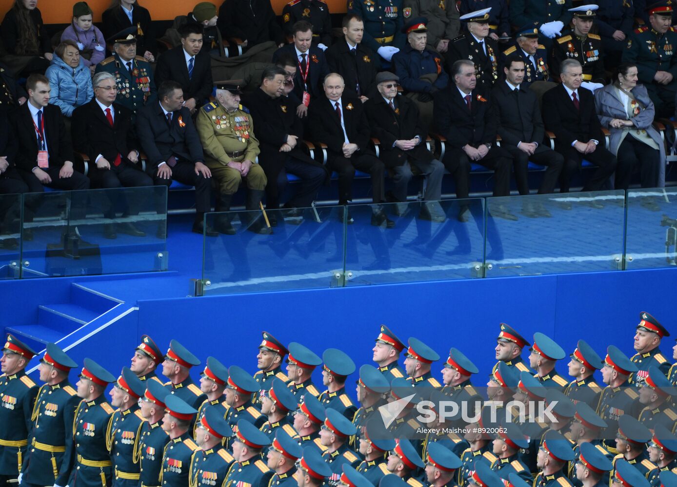 President of Russia Vladimir Putin and foreign leaders at military parade marking 80th anniversary of Victory
