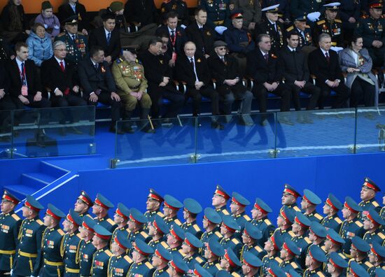 President of Russia Vladimir Putin and foreign leaders at military parade marking 80th anniversary of Victory