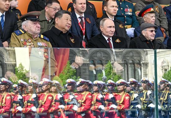 President of Russia Vladimir Putin and President of China Xi Jinping, second left, on Red Square in Moscow, where a military parade marking the 80th anniversary of Victory is taking place. Russia marks the 80th anniversary of Victory in the Great Patriotic War of 1941-1945. Location: Russia, Moscow. Author: Sergey Bobylev/Sputnik. President of Russia Vladimir Putin and foreign leaders at military parade marking 80th anniversary of Victory