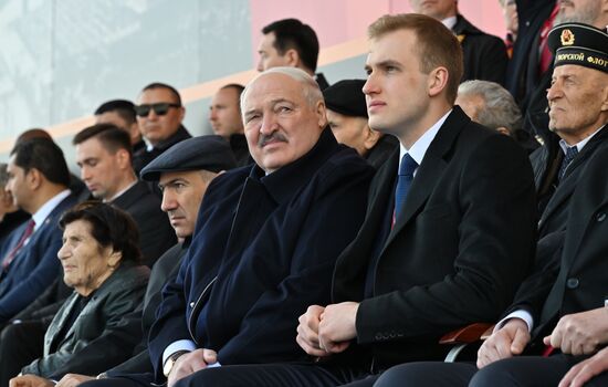 President of Belarus Alexander Lukashenko with his son Nikolai on Red Square in Moscow, where a military parade marking the 80th anniversary of Victory is taking place. Russia marks the 80th anniversary of Victory in the Great Patriotic War of 1941-1945. Location: Russia, Moscow. President of Russia Vladimir Putin and foreign leaders at military parade marking 80th anniversary of Victory