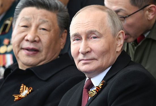 President of Russia Vladimir Putin and foreign leaders at military parade marking 80th anniversary of Victory