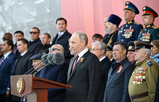 President of Russia Vladimir Putin on Red Square in Moscow at the military parade to mark the 80th anniversary of Victory. On May 9, Russia celebrates the 80th anniversary of Victory in the Great Patriotic War of 1941-1945. Location: Russia, Moscow. Author: Sergey Bobylev/Sputnik. President of Russia Vladimir Putin and foreign leaders at military parade marking 80th anniversary of Victory