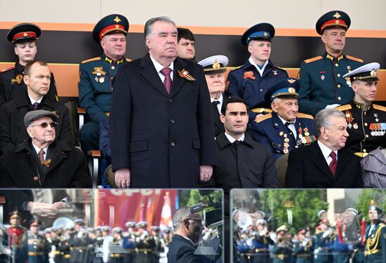 President of Tajikistan Emomali Rahmon, second left, foreground, on Red Square in Moscow during the military parade to mark the 80th anniversary of Victory. On May 9, Russia celebrates the 80th anniversary of Victory in the Great Patriotic War of 1941-1945. Location: Russia, Moscow. Author: Sergey Bobylev/Sputnik. President of Russia Vladimir Putin and foreign leaders at military parade marking 80th anniversary of Victory