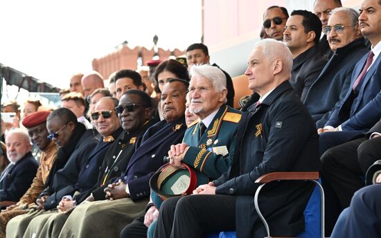 From left: Brazilian President Luiz Inacio Lula da Silva, Burkina Faso President Ibrahim Traore, Guinea-Bissau President Umaro Sissoco Embalo, Egyptian President Abdel Fattah el-Sisi, Zimbabwean President Emmerson Mnangagwa, and President of the Republic of the Congo Denis Sassou Nguesso; right, foreground: Russian Defense Minister Andrei Belousov on Red Square in Moscow during the military parade to mark the 80th anniversary of Victory. On May 9, Russia celebrates the 80th anniversary of Victory in the Great Patriotic War of 1941-1945. Location: Russia, Moscow. President of Russia Vladimir Putin and foreign leaders at military parade marking 80th anniversary of Victory