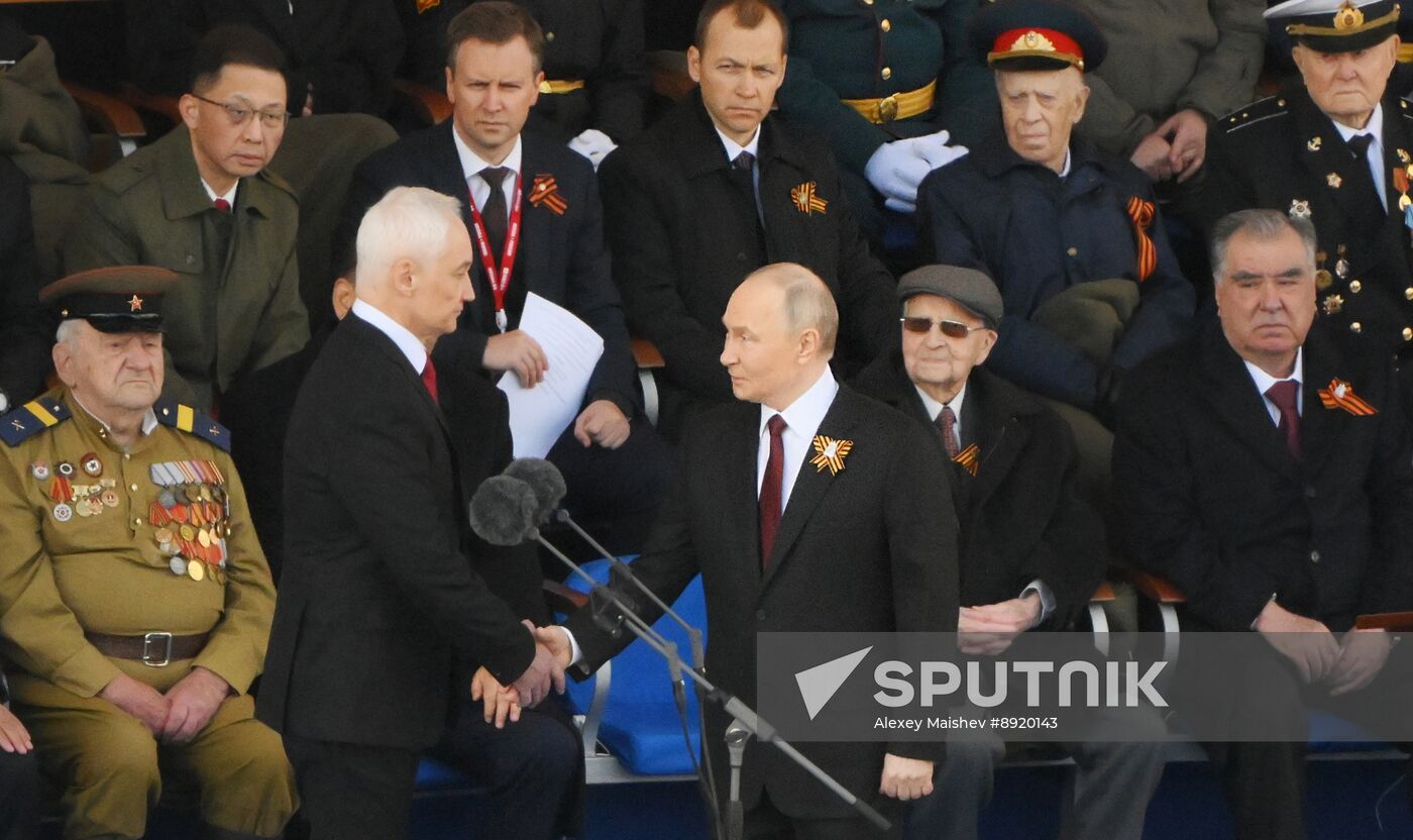 President of Russia Vladimir Putin and foreign leaders at military parade marking 80th anniversary of Victory