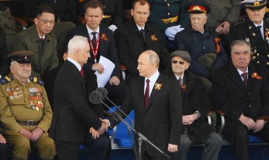 Russian Defense Minister Andrei Belousov and President Vladimir Putin at the military parade to mark the 80th anniversary of Victory in the Great Patriotic War on Red Square in Moscow. On May 9, Russia marks the 80th anniversary of Victory in the Great Patriotic War of 1941-1945. Location: Russia, Moscow. Author: Alexey Maishev/Sputnik. President of Russia Vladimir Putin and foreign leaders at military parade marking 80th anniversary of Victory
