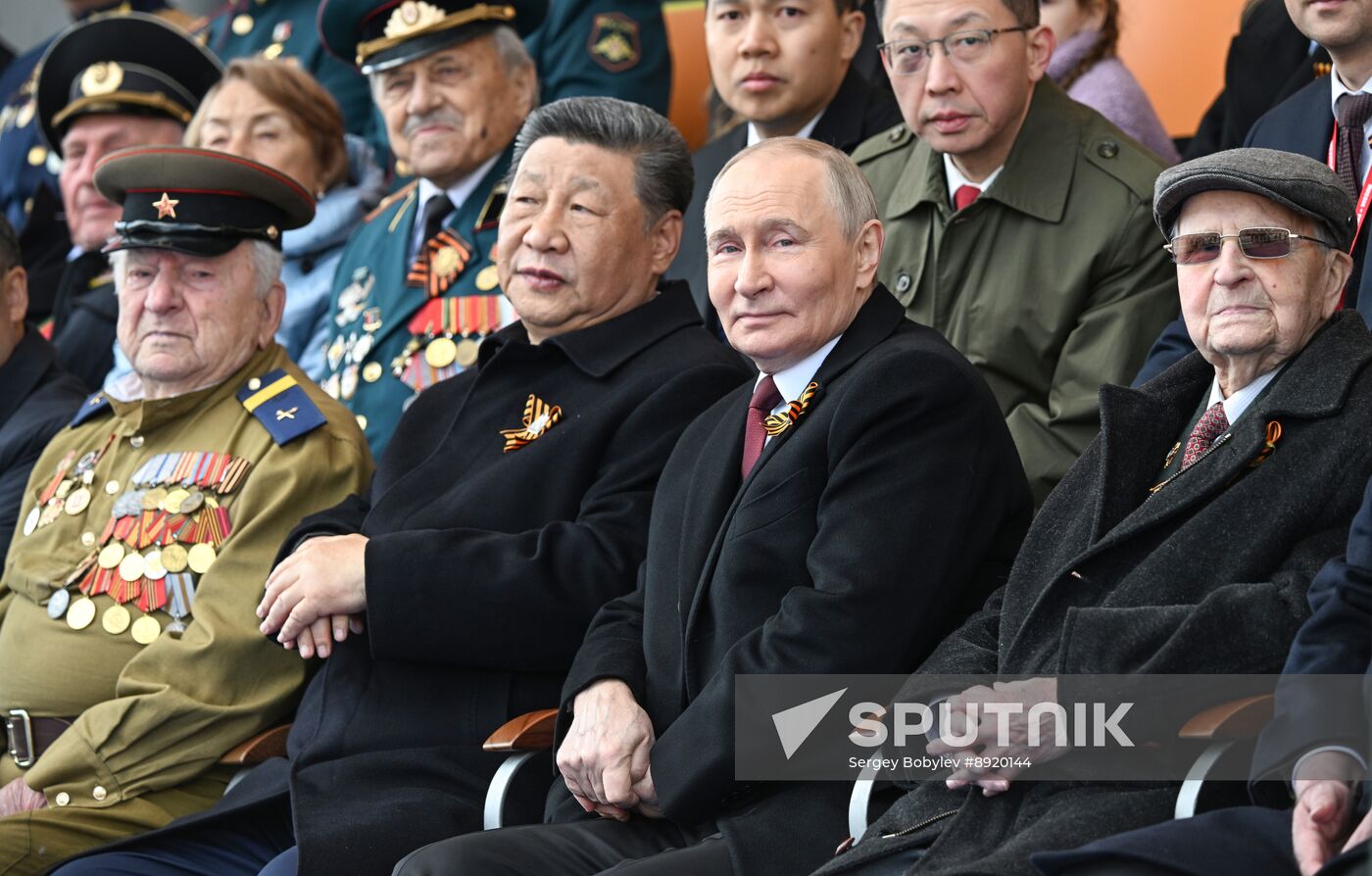 President of Russia Vladimir Putin and foreign leaders at military parade marking 80th anniversary of Victory