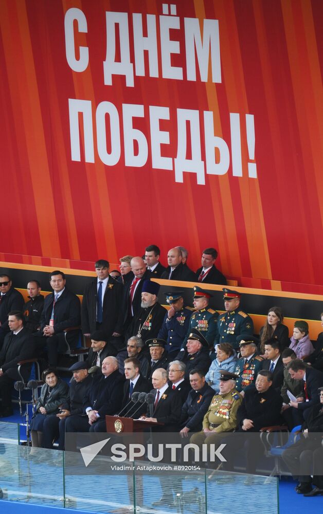 President of Russia Vladimir Putin and foreign leaders at military parade marking 80th anniversary of Victory