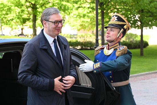 Serbian President Aleksandar Vucic arrives at the Kremlin to meet with Russian President Vladimir Putin ahead of the military parade to mark the 80th anniversary of Victory. On May 9, Russia celebrates the 80th anniversary of Victory in the Great Patriotic War of 1941-1945. Location: Russia, Moscow. Author: Alexandr Kryazhev/Sputnik. President of Russia Vladimir Putin's meeting with foreign leaders