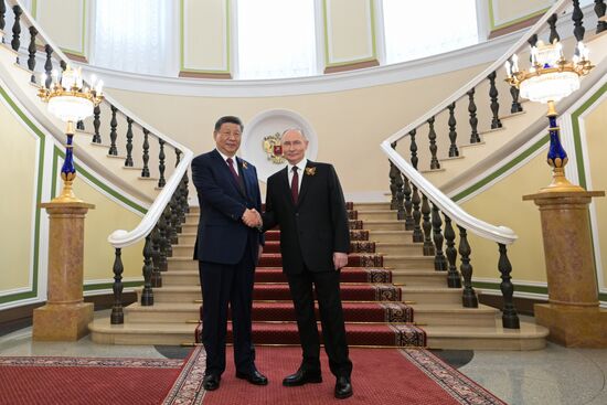Russian President Vladimir Putin and Chinese President Xi Jinping, left, during a meeting at the Kremlin ahead of the military parade to mark the 80th anniversary of Victory. On May 9, Russia celebrates the 80th anniversary of Victory in the Great Patriotic War of 1941-1945. Location: Russia, Moscow. Author: Alexey Nikolskiy/Sputnik. President of Russia Vladimir Putin's meeting with foreign leaders