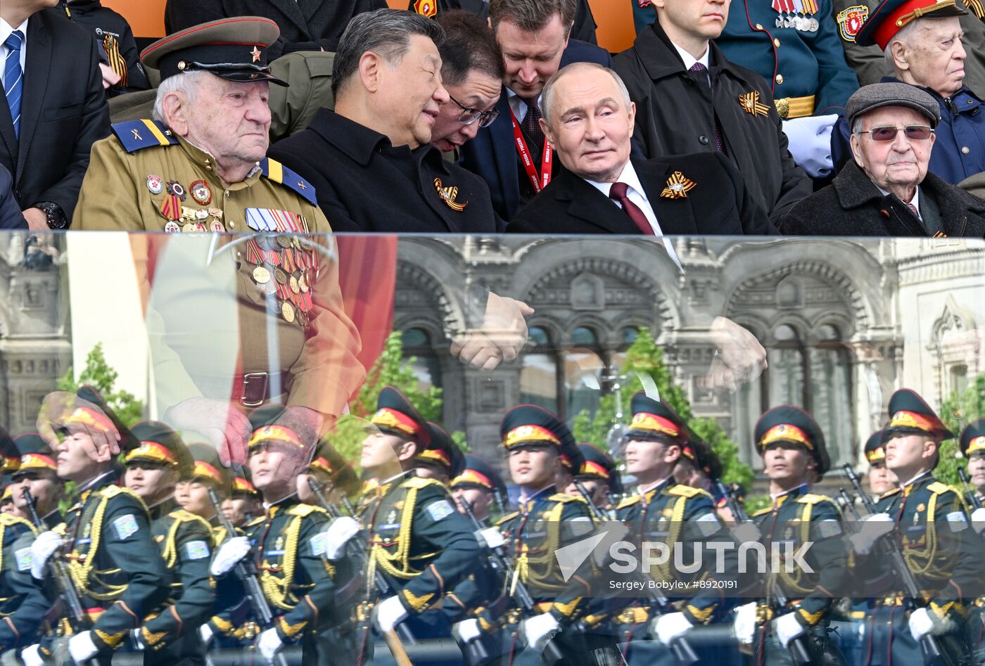 President of Russia Vladimir Putin and foreign leaders at military parade marking 80th anniversary of Victory