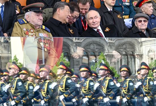 President of Russia Vladimir Putin and President of China Xi Jinping, center left, on Red Square in Moscow, where a military parade marking the 80th anniversary of Victory is taking place. Russia marks the 80th anniversary of Victory in the Great Patriotic War of 1941-1945. Location: Russia, Moscow. Author: Sergey Bobylev/Sputnik. President of Russia Vladimir Putin and foreign leaders at military parade marking 80th anniversary of Victory
