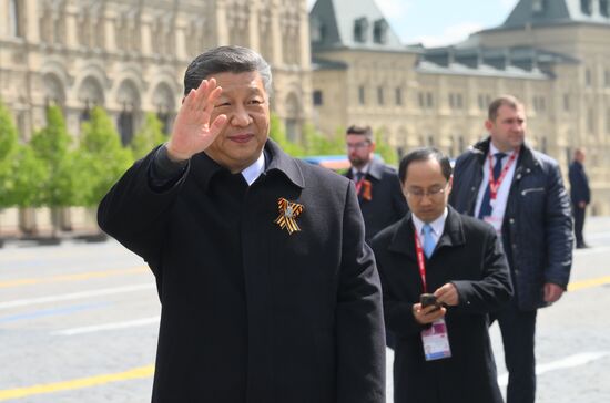 Chinese President Xi Jinping on Red Square in Moscow after the military parade to mark the 80th anniversary of Victory. On May 9, Russia celebrates the 80th anniversary of Victory in the Great Patriotic War of 1941-1945. Location: Russia, Moscow. Author: Ilya Pitalev/Sputnik. President of Russia Vladimir Putin and foreign leaders at military parade marking 80th anniversary of Victory