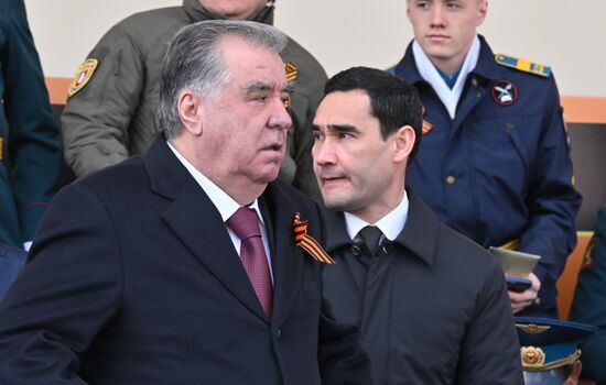 President of Russia Vladimir Putin and foreign leaders at military parade marking 80th anniversary of Victory