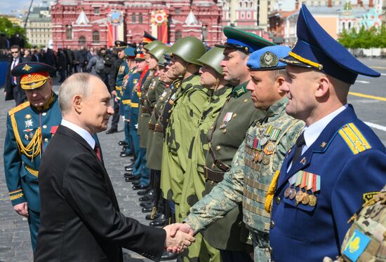President of Russia Vladimir Putin on Red Square in Moscow at the military parade to mark the 80th anniversary of Victory. On May 9, Russia celebrates the 80th anniversary of Victory in the Great Patriotic War of 1941-1945. Location: Russia, Moscow. Author: Evgeny Biyatov/Sputnik. President of Russia Vladimir Putin and foreign leaders at military parade marking 80th anniversary of Victory