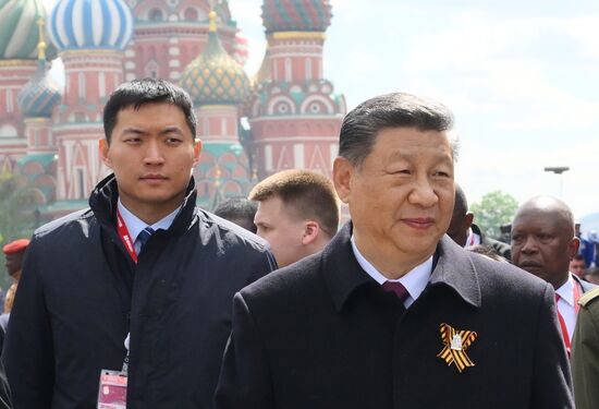 President of Russia Vladimir Putin and foreign leaders at military parade marking 80th anniversary of Victory