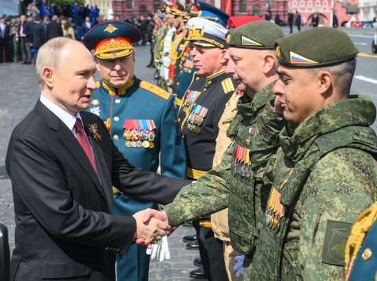 President of Russia Vladimir Putin on Red Square in Moscow at the military parade to mark the 80th anniversary of Victory. On May 9, Russia celebrates the 80th anniversary of Victory in the Great Patriotic War of 1941-1945. Location: Russia, Moscow. Author: Evgeny Biyatov/Sputnik. President of Russia Vladimir Putin and foreign leaders at military parade marking 80th anniversary of Victory