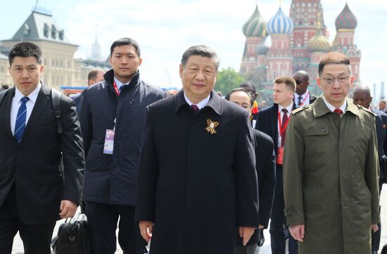 President of Russia Vladimir Putin and foreign leaders at military parade marking 80th anniversary of Victory