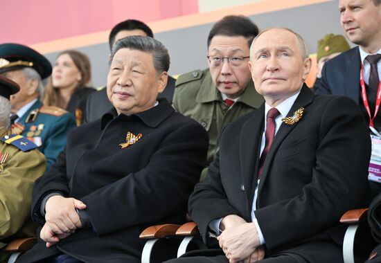 Russian President Vladimir Putin and Chinese President Xi Jinping on Red Square in Moscow during the military parade to mark the 80th anniversary of Victory. On May 9, Russia celebrates the 80th anniversary of Victory in the Great Patriotic War of 1941-1945. Location: Russia, Moscow. President of Russia Vladimir Putin and foreign leaders at military parade marking 80th anniversary of Victory