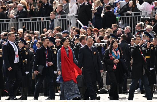 President of Russia Vladimir Putin and foreign leaders at military parade marking 80th anniversary of Victory