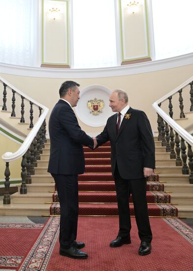 Russian President Vladimir Putin and Kyrgyz President Sadyr Japarov, left, during a meeting at the Kremlin ahead of the military parade to mark the 80th anniversary of Victory. On May 9, Russia celebrates the 80th anniversary of Victory in the Great Patriotic War of 1941-1945. Location: Russia, Moscow. Author: Alexey Nikolskiy/Sputnik. President of Russia Vladimir Putin's meeting with foreign leaders