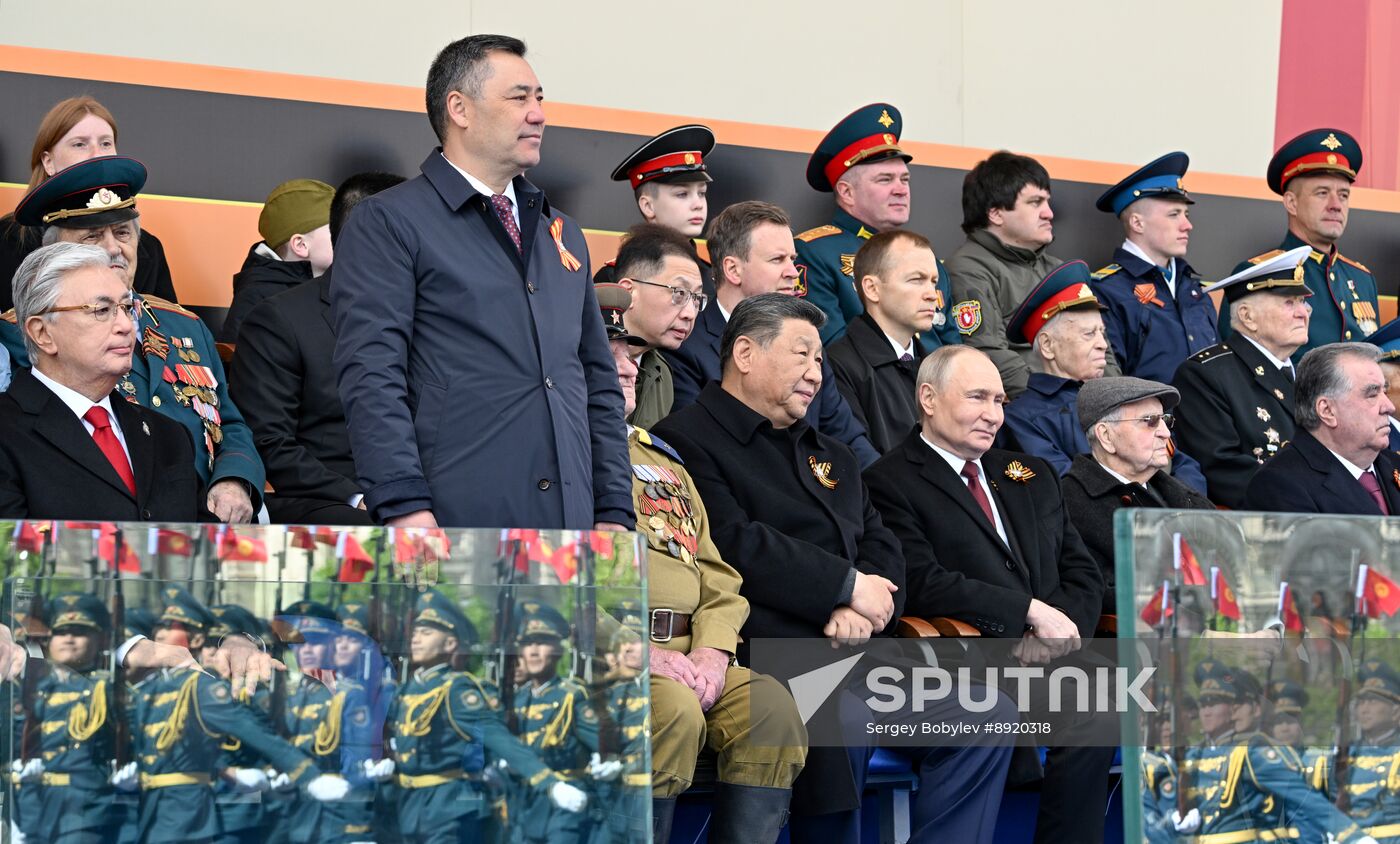 President of Russia Vladimir Putin and foreign leaders at military parade marking 80th anniversary of Victory