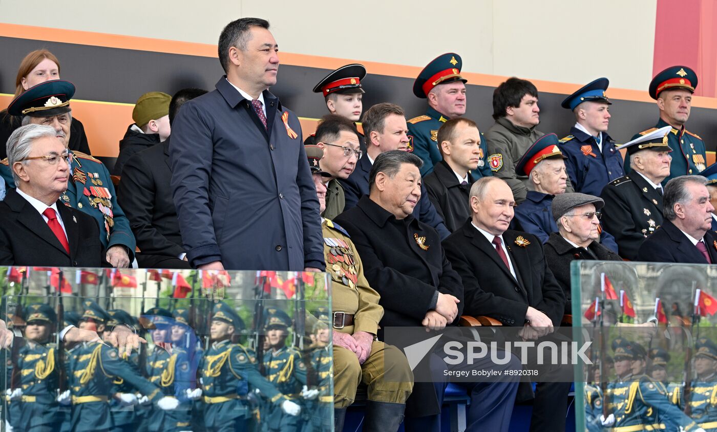 President of Russia Vladimir Putin and foreign leaders at military parade marking 80th anniversary of Victory