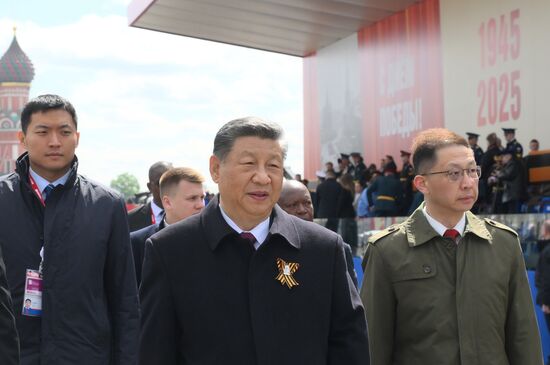 Chinese President Xi Jinping on Red Square in Moscow after the military parade to mark the 80th anniversary of Victory. On May 9, Russia celebrates the 80th anniversary of Victory in the Great Patriotic War of 1941-1945. Location: Russia, Moscow. Author: Ilya Pitalev/Sputnik. President of Russia Vladimir Putin and foreign leaders at military parade marking 80th anniversary of Victory