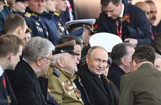President of Russia Vladimir Putin on Red Square in Moscow at the military parade to mark the 80th anniversary of Victory. On May 9, Russia celebrates the 80th anniversary of Victory in the Great Patriotic War of 1941-1945. Location: Russia, Moscow. Author: Evgeny Biyatov/Sputnik. President of Russia Vladimir Putin and foreign leaders at military parade marking 80th anniversary of Victory