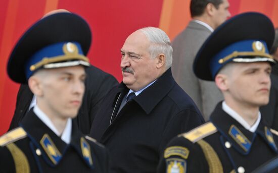 President of Russia Vladimir Putin and foreign leaders at military parade marking 80th anniversary of Victory