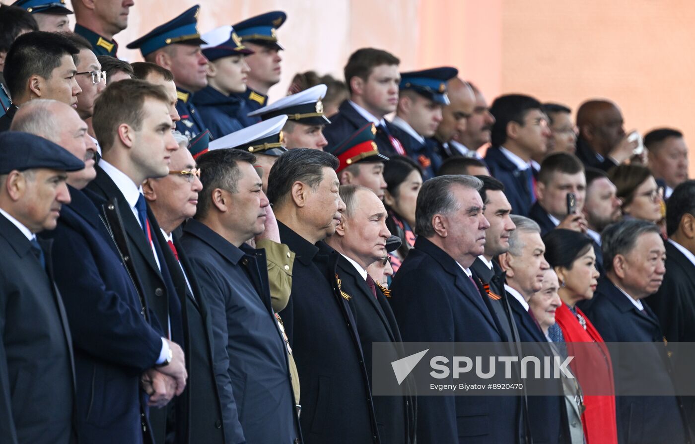 President of Russia Vladimir Putin and foreign leaders at military parade marking 80th anniversary of Victory