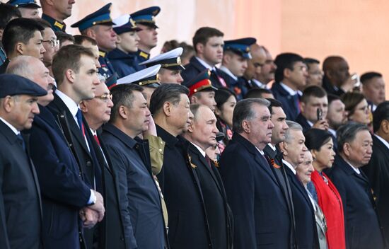 President of Russia Vladimir Putin and foreign leaders at military parade marking 80th anniversary of Victory