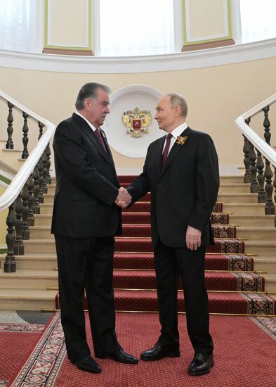 Russian President Vladimir Putin and Tajik President Emomali Rahmon, left, during a meeting at the Kremlin ahead of the military parade to mark the 80th anniversary of Victory. On May 9, Russia celebrates the 80th anniversary of Victory in the Great Patriotic War of 1941-1945. Location: Russia, Moscow. Author: Alexey Nikolskiy/Sputnik. President of Russia Vladimir Putin's meeting with foreign leaders