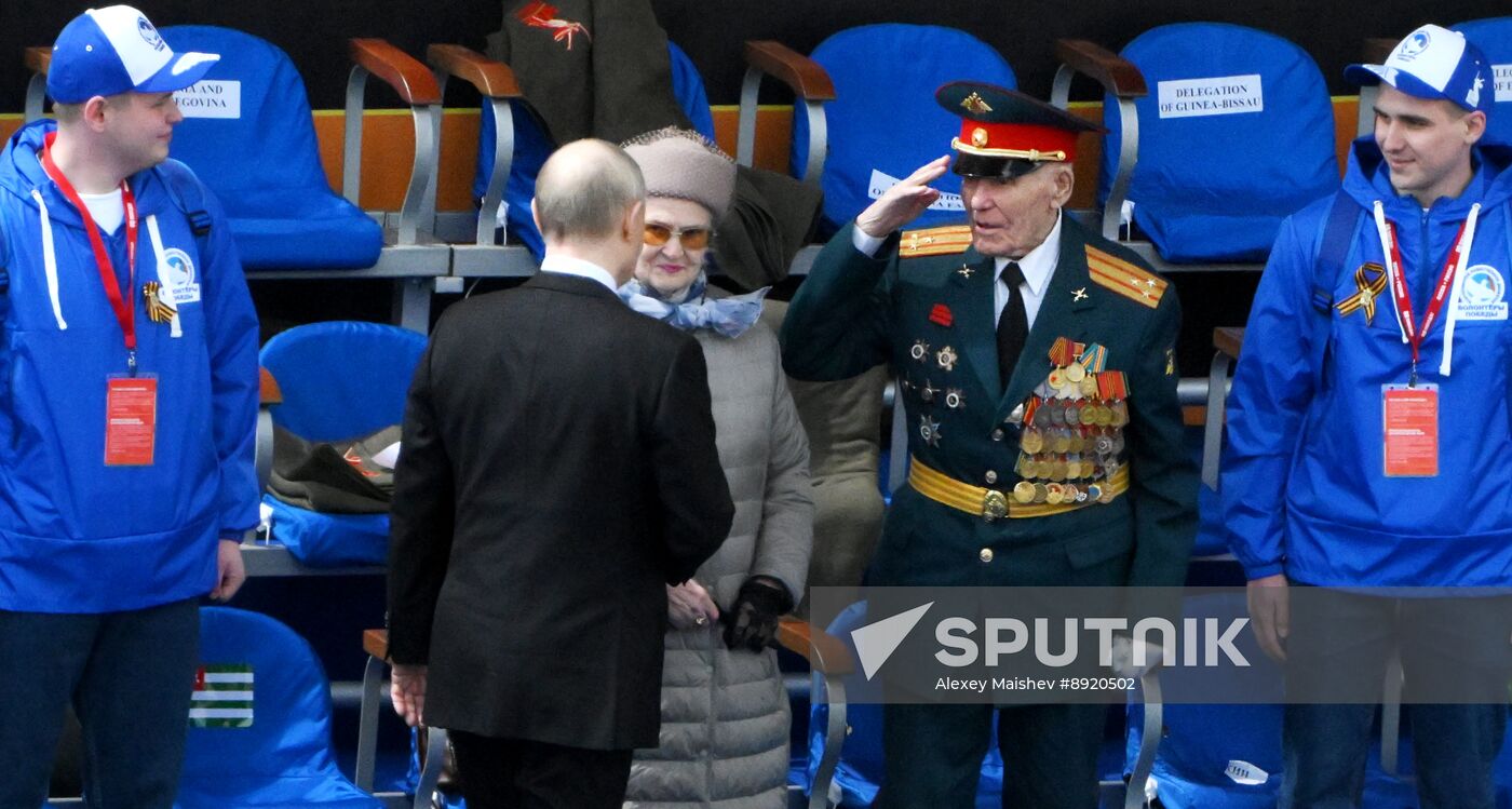President of Russia Vladimir Putin and foreign leaders at military parade marking 80th anniversary of Victory