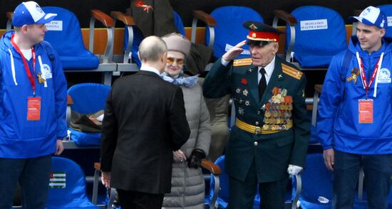 President of Russia Vladimir Putin greets a veteran of the Great Patriotic War on Red Square in Moscow, where a military parade marking the 80th anniversary of Victory is taking place. Russia marks the 80th anniversary of Victory in the Great Patriotic War of 1941-1945. Location: Russia, Moscow. Author: Alexey Maishev/Sputnik. President of Russia Vladimir Putin and foreign leaders at military parade marking 80th anniversary of Victory