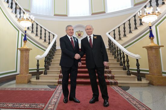 Russian President Vladimir Putin and Uzbek President Shavkat Mirziyoyev, left, a meeting at the Kremlin ahead of the military parade to mark the 80th anniversary of Victory. On May 9, Russia celebrates the 80th anniversary of Victory in the Great Patriotic War of 1941-1945. Location: Russia, Moscow. Author: Alexey Nikolskiy/Sputnik. President of Russia Vladimir Putin's meeting with foreign leaders