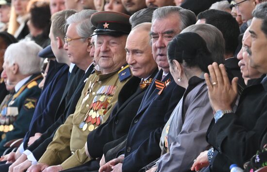 President of Russia Vladimir Putin and foreign guests on Red Square in Moscow during the military parade to mark the 80th anniversary of Victory. On May 9, Russia celebrates the 80th anniversary of Victory in the Great Patriotic War of 1941-1945. Location: Russia, Moscow. Author: Ilya Pitalev/Sputnik. President of Russia Vladimir Putin and foreign leaders at military parade marking 80th anniversary of Victory