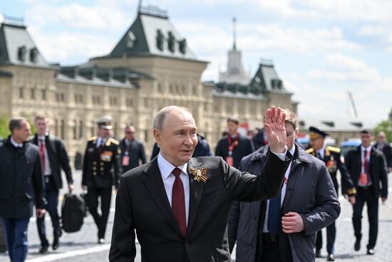 President of Russia Vladimir Putin on Red Square in Moscow during the military parade to mark the 80th anniversary of Victory. On May 9, Russia celebrates the 80th anniversary of Victory in the Great Patriotic War of 1941-1945. Location: Russia, Moscow. Author: Sergey Bobylev/Sputnik. President of Russia Vladimir Putin and foreign leaders at military parade marking 80th anniversary of Victory