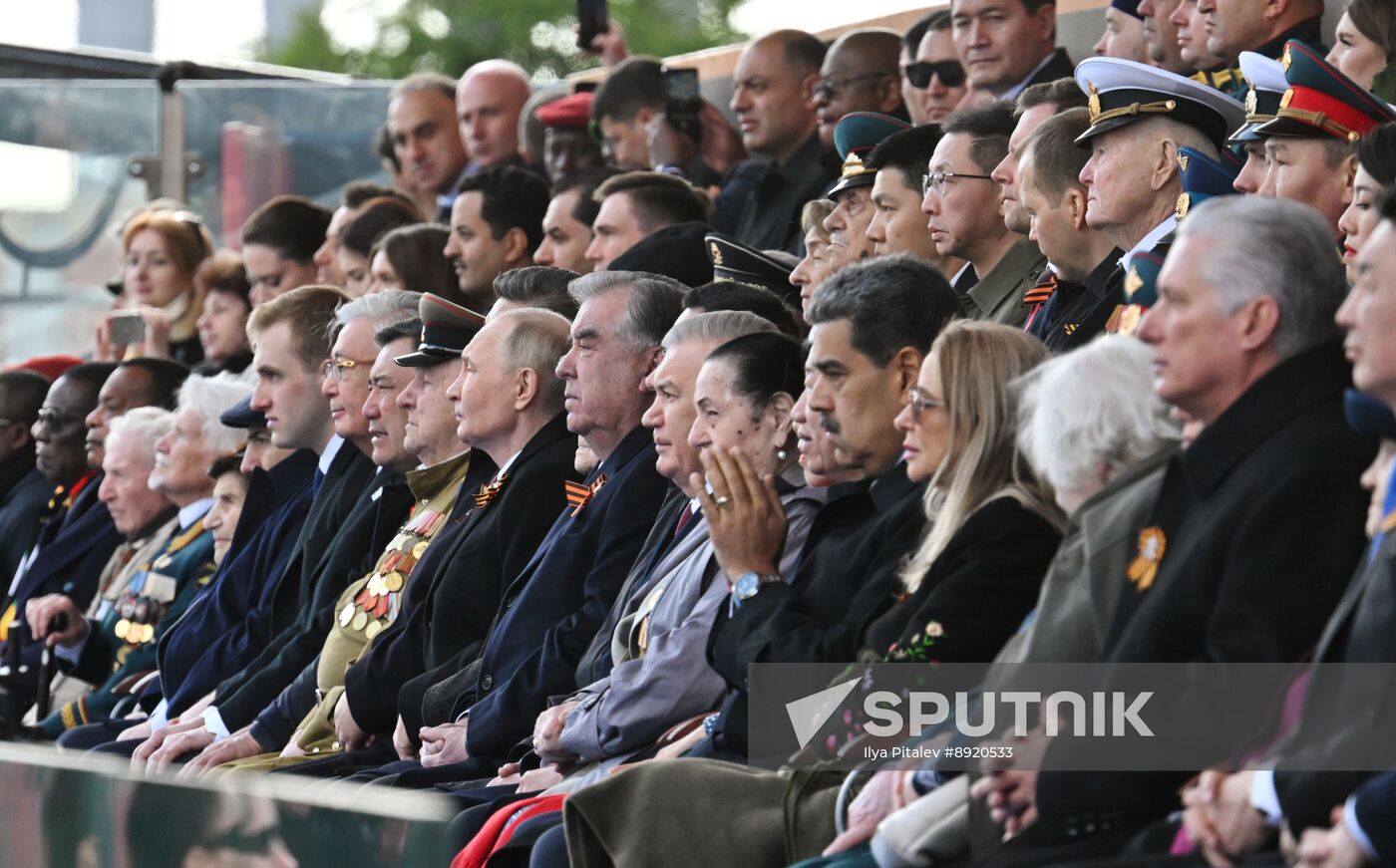 President of Russia Vladimir Putin and foreign leaders at military parade marking 80th anniversary of Victory
