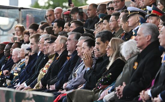 President of Russia Vladimir Putin and guests on Red Square in Moscow, where a military parade marking the 80th anniversary of Victory is taking place. Russia marks the 80th anniversary of Victory in the Great Patriotic War of 1941-1945. Location: Russia, Moscow. Author: Ilya Pitalev/Sputnik. President of Russia Vladimir Putin and foreign leaders at military parade marking 80th anniversary of Victory